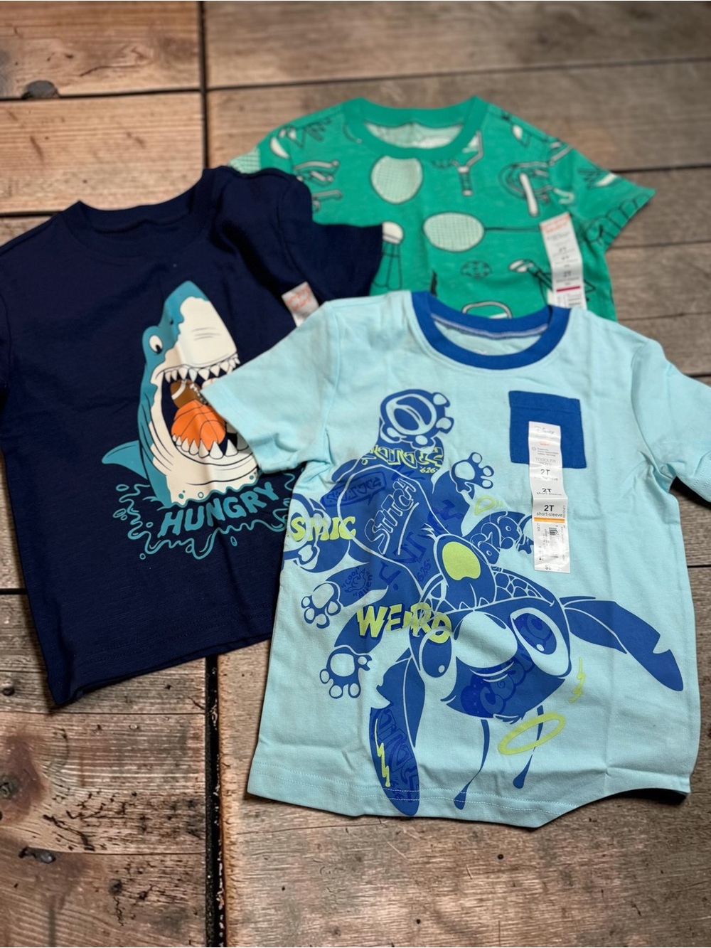 Toddler Boys 2T Tee Bundle NWT Lot 3 Disney Stitch Shark Pickleball Tees Blue